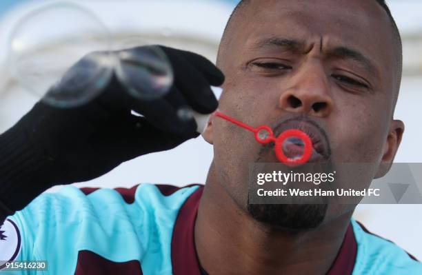 West Ham United Unveil New Signing Patrice Evra at Rush Green on February 7, 2018 in Romford, England.