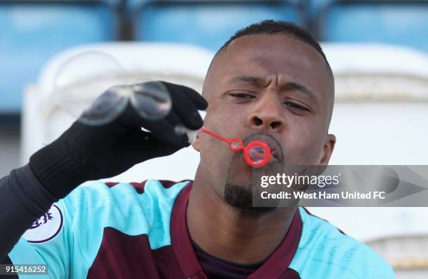 West Ham United Unveil New Signing Patrice Evra at Rush Green on February 7, 2018 in Romford, England.