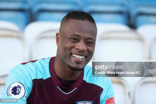 West Ham United Unveil New Signing Patrice Evra at Rush Green on February 7, 2018 in Romford, England.