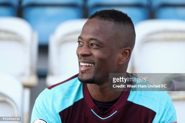 West Ham United Unveil New Signing Patrice Evra at Rush Green on February 7, 2018 in Romford, England.