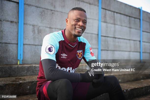 West Ham United Unveil New Signing Patrice Evra at Rush Green on February 7, 2018 in Romford, England.