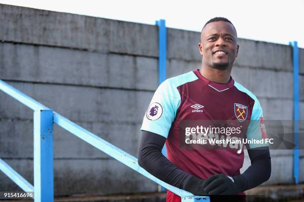 West Ham United Unveil New Signing Patrice Evra at Rush Green on February 7, 2018 in Romford, England.