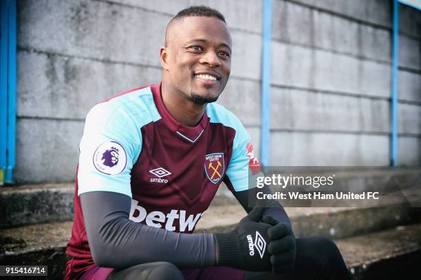 West Ham United Unveil New Signing Patrice Evra at Rush Green on February 7, 2018 in Romford, England.