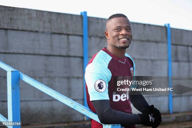 West Ham United Unveil New Signing Patrice Evra at Rush Green on February 7, 2018 in Romford, England.