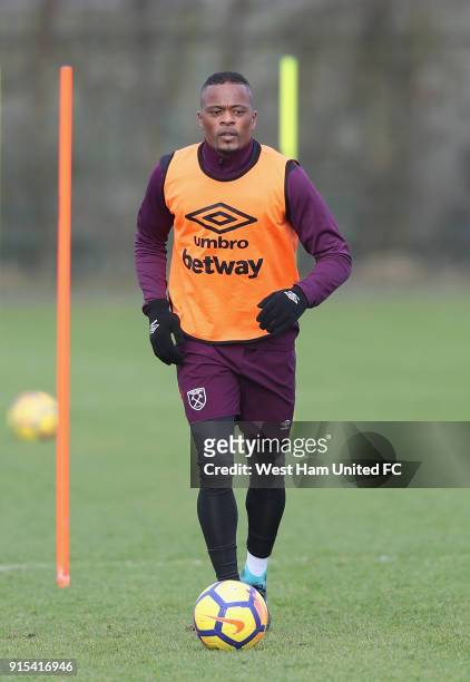New signing Patrice Evra in training as West Ham United Unveil New Signing Patrice Evra at Rush Green on February 7, 2018 in Romford, England.