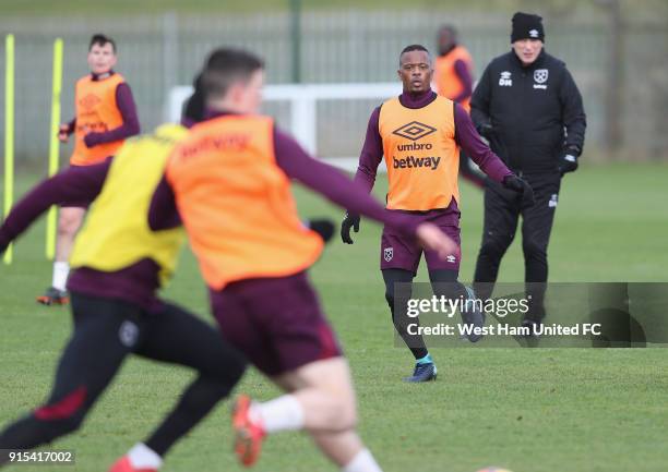 New signing Patrice Evra in training as West Ham United Unveil New Signing Patrice Evra at Rush Green on February 7, 2018 in Romford, England.