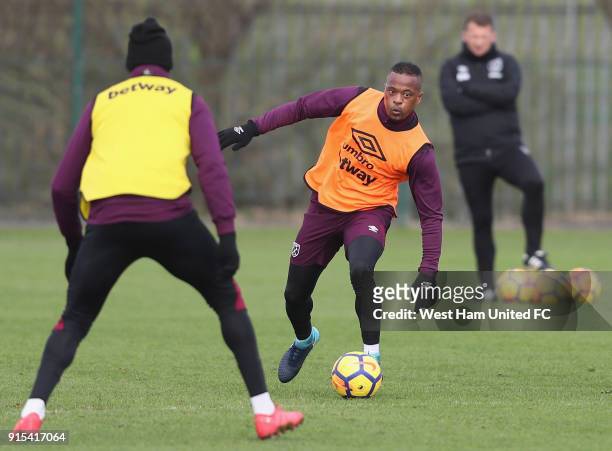 New signing Patrice Evra in training as West Ham United Unveil New Signing Patrice Evra at Rush Green on February 7, 2018 in Romford, England.