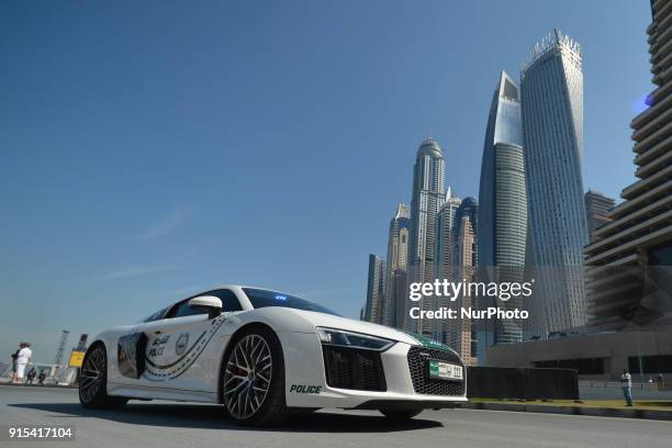 View of an Audi R8 car, a part of the Dubai Police supercar patrol fleet, seen in Skydive Dubai area. On Tuesday, February 6 in Dubai, United Arab...