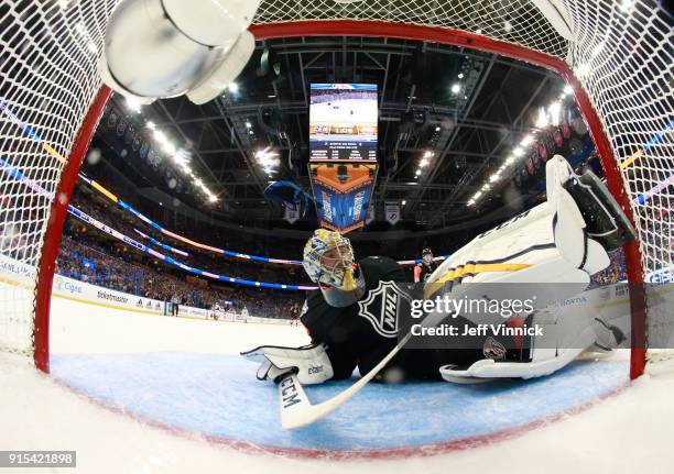 Goaltender Pekka Rinne of the Nashville Predators flops after a save during the 2018 Honda NHL All-Star Game at Amalie Arena on January 28, 2018 in...