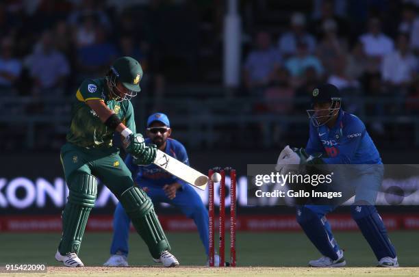 Duminy of South Africa square cuts a delivery during the 3rd Momentum ODI match between South Africa and India at PPC Newlands on February 07, 2018...