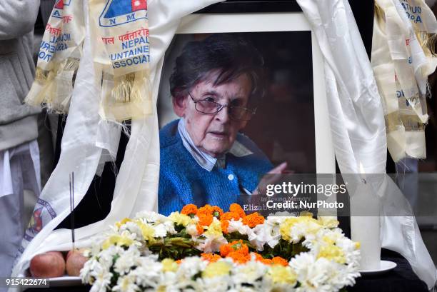 Poster of Legendary Elizabeth Hawley during the condolence meeting at Nepal Tourism Board, Kathmandu, Nepal on Wednesday, February 07, 2018. She died...