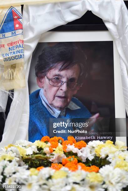 Poster of Legendary Elizabeth Hawley during the condolence meeting at Nepal Tourism Board, Kathmandu, Nepal on Wednesday, February 07, 2018. She died...