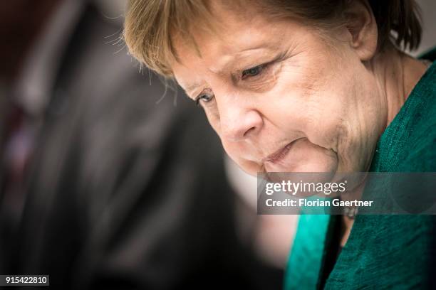 German Chancellor Angela Merkel in the course of a special faction meeting, on February 07, 2018 in Berlin, Germany. The German Social Democrats ,...