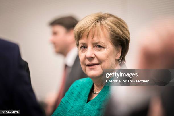 German Chancellor Angela Merkel in the course of a special faction meeting, on February 07, 2018 in Berlin, Germany. The German Social Democrats ,...