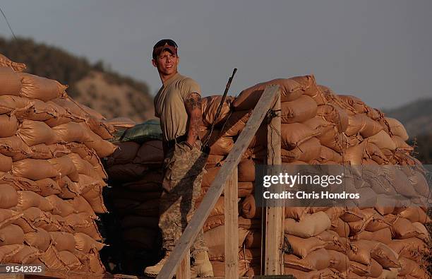 Soldier with the 3/509th of the U.S. Army's 25th Infantry Division keeps descends from a guard tower at Forward Operating Base Zerok October 7, 2009...