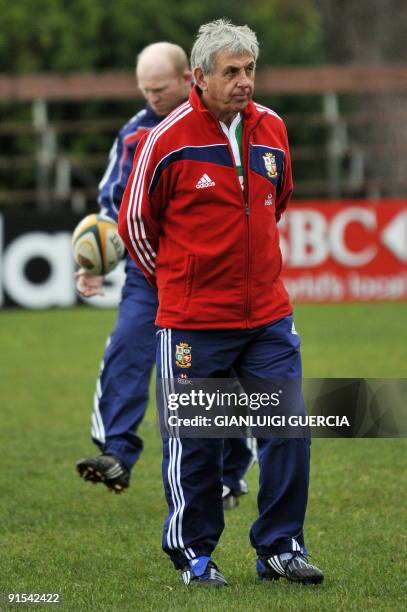 British and Irish Lions coach Ian McGeechan looks at his team on June 22, 2009 during a training session at Bishops school ground in Cape Town, South...