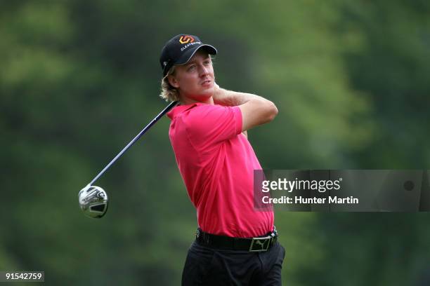 Jonas Blixt watches his shot during the first round of the Nationwide Children's Hospital Invitational at The Ohio State Golf Club on July 30, 2009...