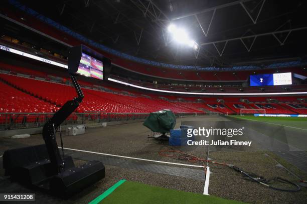 The VAR screen is seen pitchside prior to The Emirates FA Cup Fourth Round Replay match between Tottenham Hotspur and Newport County at Wembley...