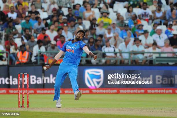 India's Jasprit Bumrah bowls during the One Day International cricket match between India and South Africa at Newlands Stadium on February 7 in Cape...