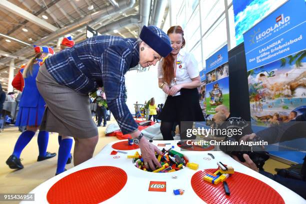 Princess Benedikte of Denmark visits the Lego stand during the walkabout across the danish part of HAMBURG REISEN at Hamburg Messe on February 7,...