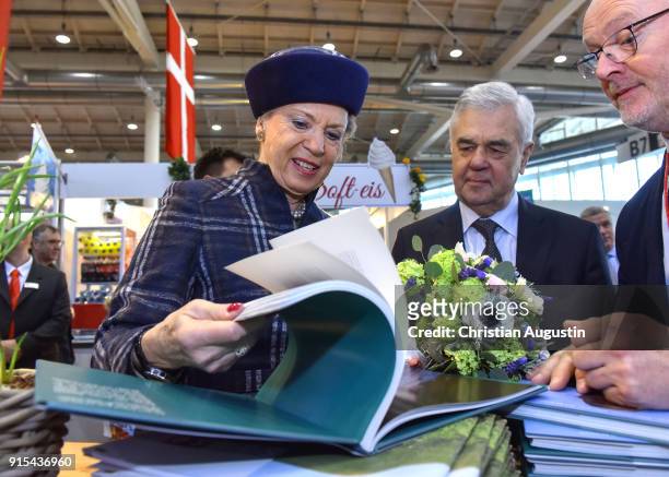 Princess Benedikte of Denmark and Senator Frank Horch visit a stand during the walkabout of HAMBURG REISEN at Hamburg Messe on February 7, 2018 in...