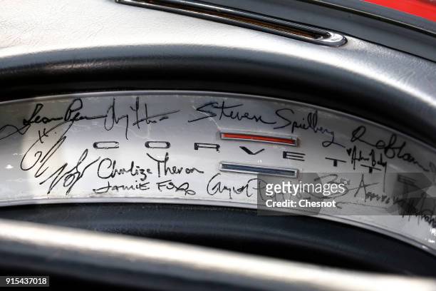 The dashboard of a Chevrolet Corvette Roadster 1961 is displayed during a press preview before a mass auction of vintage vehicles organised by...