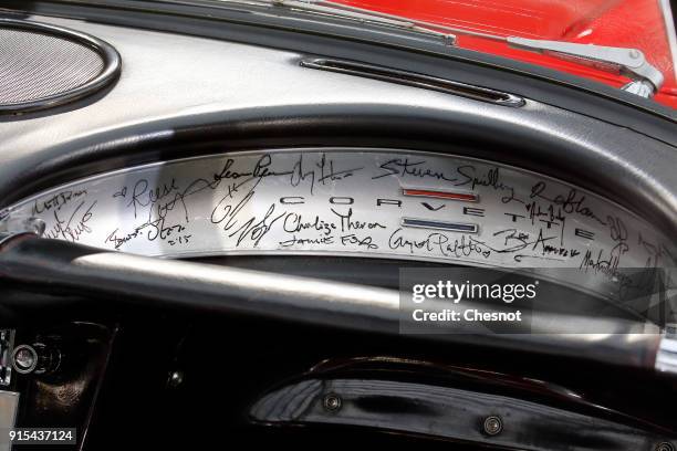 The dashboard of a Chevrolet Corvette Roadster 1961 is displayed during a press preview before a mass auction of vintage vehicles organised by...