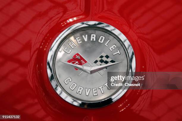 The logo of a Chevrolet Corvette Roadster is seen during a press preview before a mass auction of vintage vehicles organised by Bonhams auction house...