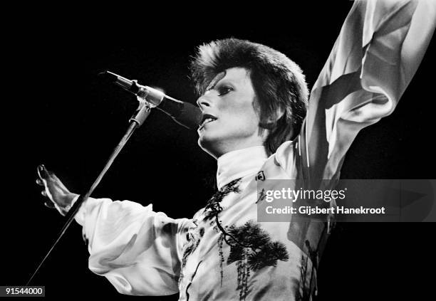 David Bowie performs live on stage at Earls Court Arena on May 12 1973 during the Ziggy Stardust tour