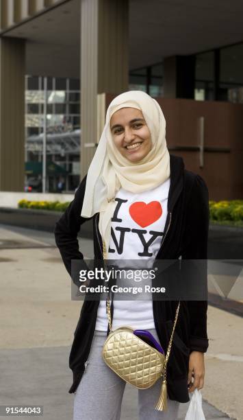 Muslim woman wearing a "I Love New York" t-shirt is seen in this 2009 Chicago, Illinois, early evening cityscape photo.