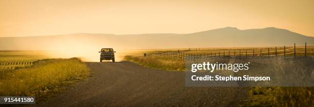 pick-up truck in the distance on dusty dirt road in afternoon light - road light trail stock pictures, royalty-free photos & images