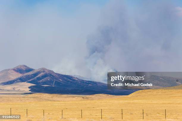 smoke billows from wildfire burning dry grasslands in nevada - burning bush stock-fotos und bilder