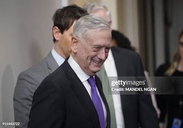 Defense Secretary James Mattis arrives to speak during the daily briefing in the Brady Briefing Room of the White House on February 7, 2018 in...