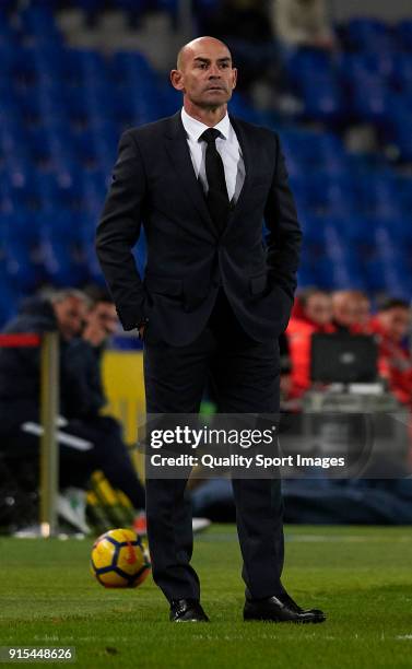 Paco Jemez, Manager of UD Las Palmas looks on during the La Liga match between Las Palmas and Malaga at Estadio Gran Canaria on February 5, 2018 in...