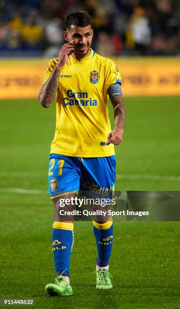 Jonathan Viera of Las Palmas reacts during the La Liga match between Las Palmas and Malaga at Estadio Gran Canaria on February 5, 2018 in Las Palmas,...