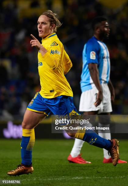 Alen Halilovic of Las Palmas celebrates after scoring his sides first goal during the La Liga match between Las Palmas and Malaga at Estadio Gran...