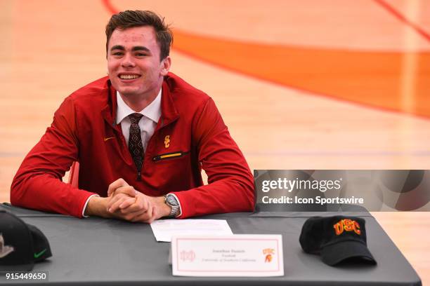 Daniels of the Mater Dei High School Monarchs looks on during a National Signing Day ceremony at Mater Dei High School in Santa Ana, CA.