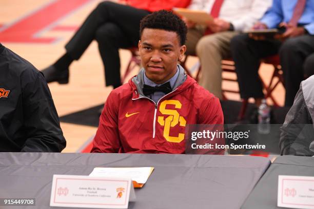 Amon-Ra St. Brown of the Mater Dei High School Monarchs looks on during a National Signing Day ceremony at Mater Dei High School in Santa Ana, CA.