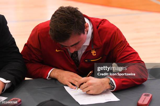 Daniels of the Mater Dei High School Monarchs signs his letter of intent at a National Signing Day ceremony at Mater Dei High School in Santa Ana, CA.