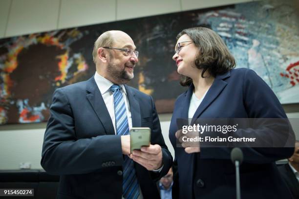 Leader of the Social Democratic Party of Germany , Martin Schulz , and Andrea Nahles, leader of the SPD Bundestag faction, in the course of a special...