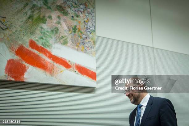 Leader of the Social Democratic Party of Germany , Martin Schulz, in the course of a special faction meeting, on February 07, 2018 in Berlin,...