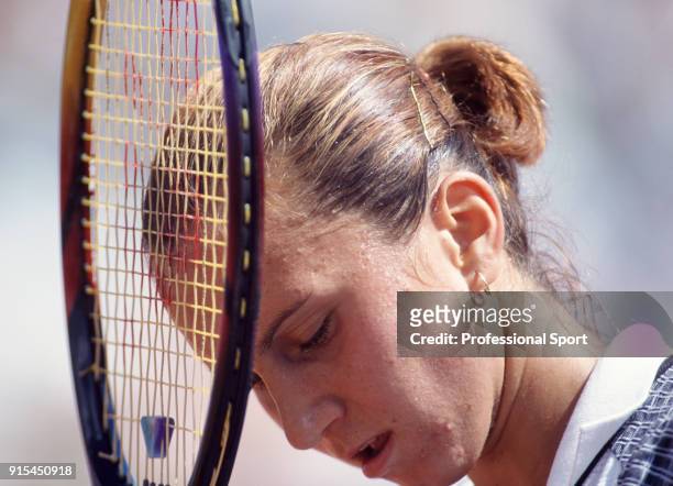 Iva Majoli of Croatia reacts during the French Open Tennis Championships at the Stade Roland Garros circa June 1997 in Paris, France.