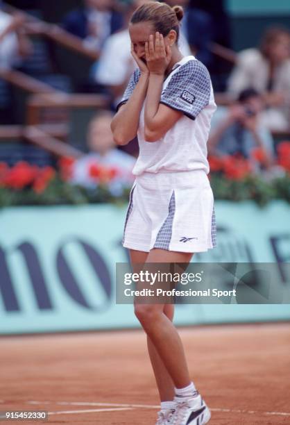 Iva Majoli of Croatia reacts during the French Open Tennis Championships at the Stade Roland Garros circa June 1997 in Paris, France.