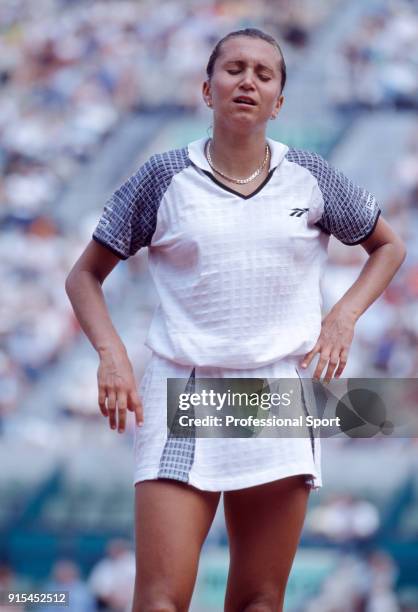 Iva Majoli of Croatia reacts during the French Open Tennis Championships at the Stade Roland Garros circa June 1997 in Paris, France.