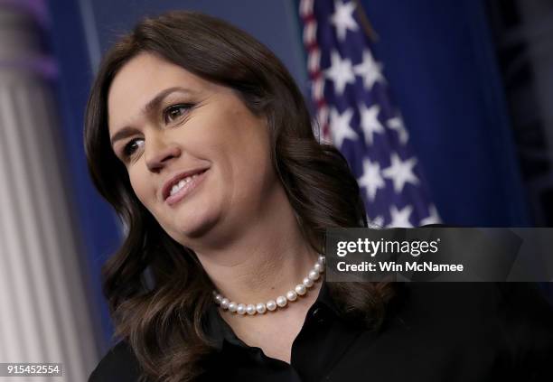 White House Press Secretary Sarah Huckabee Sanders answers questions during the daily White House briefing February 7, 2018 in Washington, DC....