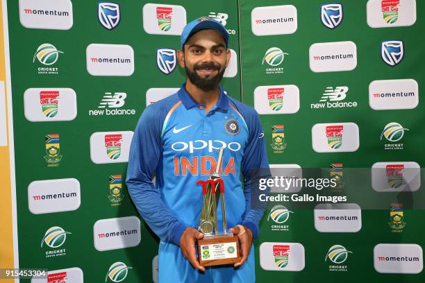 Man of the Match Indian captain Virat Kohli during the 3rd Momentum ODI match between South Africa and India at PPC Newlands on February 07, 2018 in...