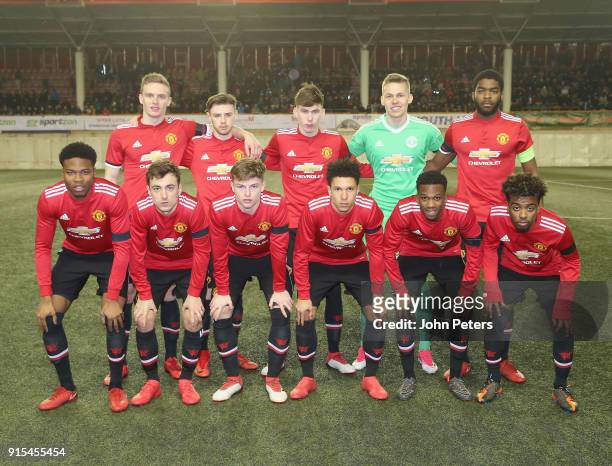 The Manchester United U19s team line up ahead of the UEFA Youth League match between FK Brodarac U19s and Manchester United U19s at Vozdovac Stadium...