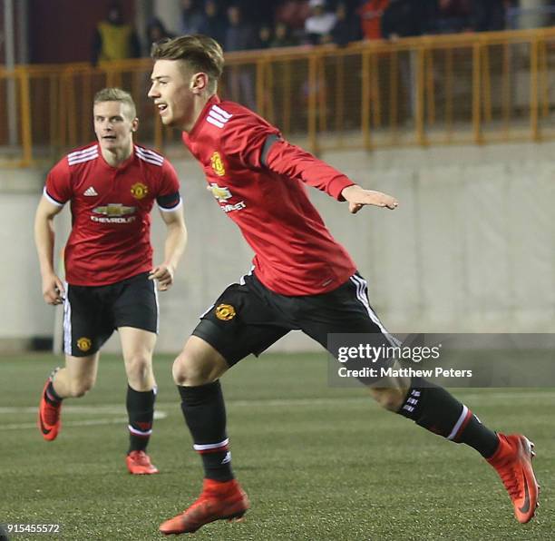 Indy Boonen of Manchester United U19s celebrates scoring their first goal during the UEFA Youth League match between FK Brodarac U19s and Manchester...