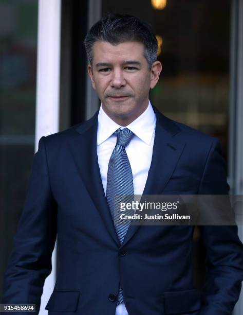 Former Uber CEO Travis Kalanick leaves the Phillip Burton Federal Building on day three of the trial between Waymo and Uber Technologies on February...