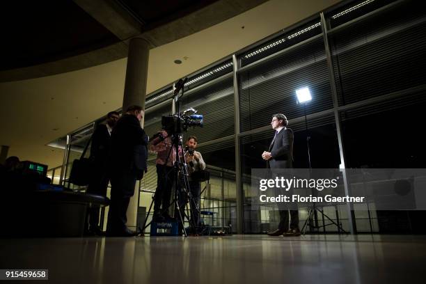 Andreas Scheuer, Secretary General of the CSU, speaks to the media after a special faction meeting on February 07, 2018 in Berlin, Germany. The...